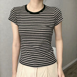 Kukombo Sweet Pink Striped Short Sleeve Tees Women New Casual Slim O-neck Tshirts Tops Female Cute Preppy Style Streetwear T-shirts Y2K