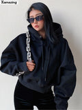 Kukombo Winter Women Solid Fleece Hoodies Clothing Long Sleeve Tops Loose Pocket Sweatshirt Female Casual Pullover ootd