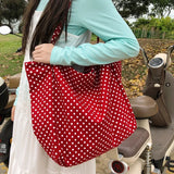 Kukombo 2025 Retro Casual Polka Dot Canvas Hot Selling Women's Shoulder Bag New Fashionable Versatile Practical Large Capacity Tote Bag ootd
