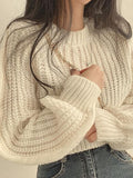 Kukombo Puff Sleeve Plain Crop Sweater