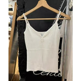 Kukombo White Eyelet Buttons Slim Tank Top Women New Casual All-match Sleeveless Cotton Slim Camis Sweet Cute Simple Basic Vest Y2K Tops