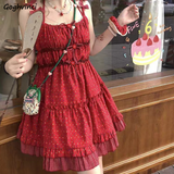 Kukombo Red Dot Spaghetti Strap Dresses Women Vintage Mini French Style Sweet Lace Fashion Age-reducing Girlish Casual Ulzzang Elegant outfit inspo