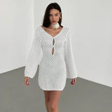 Kukombo White Knitted Backless Long Dress Women's Summer V-Neck Party Dress Elegant See-through Hollow Slim Holiday Long Dress