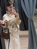Kukombo Belts Double Breasted Jacket Women Casual Loose Stand Collar Long Sleeve Coat 2025 Spring Office Street All-match Lady Outwear ootd