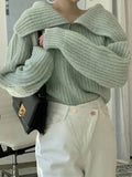 Kukombo Solid Big Lapel Neck Half Zip Sweater