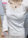 Kukombo Hollow Out Bear Long Sleeve T-Shirt Summer Round Neck Buttons Cotton Slim Sexy Top for Women Vintage Sweet Cute y2k Tops Chic