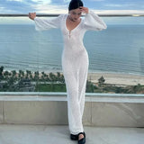 Kukombo White Knitted Backless Long Dress Women's Summer V-Neck Party Dress Elegant See-through Hollow Slim Holiday Long Dress