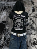 Kukombo Y2k Tshirts Hoodie Skull Print Goth Slim Clothes Woman 2000s Short Sleeve V-Neck Punk Grunge Hoodies Crop Top Vintage Streetwear ootd