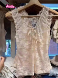 Kukombo Light Blue Lace Hollow Out Female Tank Transparent Sexy Mesh Summer Vest 2025 Solid Perpetive Y2K Tight Sleeveless Tops Women