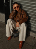 Kukombo Spring Outfits Vintage Leather Women Jackets Casual Brown Lapel Pockets Short Coats Long Sleeve Motorcycle Coat Autumn Female Street Outwear