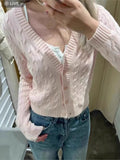 Kukombo Solid Color Pink Twist Knit Women Sweater 2025 New Long Sleeve Slim Sweet Chic Autumn Jakcets Retro Y2k Female Coats Winter Top