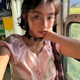 Kukombo Vintage Shirt Women Short Sleeve Lace Up Silk Shirt Y2k Fairycore Crop Tops Streetwear Korean Style Hollow Out Tee Top outfit inspo