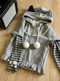Kukombo valentine's day aesthetic Harajuku Stripe Hoodies Women Kawaii Tops Cat Ear Hooded Jacker Grunge Streetwear Lace Patch Y2k Aesthetic Zipper Sweatshirt