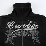 Kukombo Outfit Gothic Hoodie Grunge Coat Women clothing  Zip Up Coats Black Slim Letter Tops Hip Hop Streetwear Harajuku Emo Girl Punk Hoodies