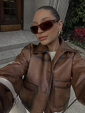 Kukombo Spring Outfits Vintage Leather Women Jackets Casual Brown Lapel Pockets Short Coats Long Sleeve Motorcycle Coat Autumn Female Street Outwear