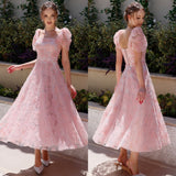 Kukombo Customized Fashion Jersey Pleat Flower A-line Square Neck Midi Dresses Bespoke Occasion Dresses Classic Exquisite Modern Style P (PRE-ORDER)