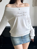 Kukombo Weekeep Casual Off-shoulder Hoodies White Long Sleeve Slash Neck Sweatshirt Y2k Letter Print Loose Women Clothing Autumn Ladies