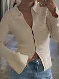 Kukombo Solid Rib V Neck Flare Sleeve Cardigan