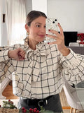 Kukombo Bow Plaid Shirt Bow Tie Bubble Sleeves Loose Breathable Stand Collar Long Shirts Women's Summer Coat Top Commute Casual Blouse ootd outfit idea