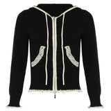 Kukombo Black Lace Trim Knitted Sweater Cardigan Women Autumn Winter New Coat Sweet Basic All-Match Fashion ootd