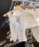 Kukombo Light Blue Lace Hollow Out Female Tank Transparent Sexy Mesh Summer Vest 2025 Solid Perpetive Y2K Tight Sleeveless Tops Women