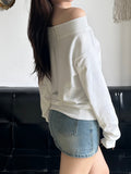 Kukombo Weekeep Casual Off-shoulder Hoodies White Long Sleeve Slash Neck Sweatshirt Y2k Letter Print Loose Women Clothing Autumn Ladies