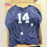Kukombo Navy Blue 14 Digit Printed Sloping Hoodie For Women Edge Curl O-neck Long Sleeve Sweatshirt Y2K Harajuku Loose Pullover Tops