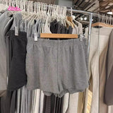 Kukombo Solid Sweat Shorts Women Elastic High Waist Side Split Straight Short Pant Casual Simple Basic Streetwear Cotton Shorts