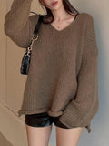Kukombo Solid V Neck Slit Rolled Sweater