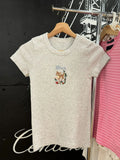 Kukombo New Cute Little Deer Flowers Embroidery T-shirt Woman O-Neck Slim Short Sleeve Cotton Tees Tops Spring Casual Sweet Y2K Tshirts