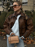 Kukombo Spring Outfits Vintage Leather Women Jackets Casual Brown Lapel Pockets Short Coats Long Sleeve Motorcycle Coat Autumn Female Street Outwear