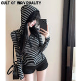Kukombo Outfit Pullovers Y2K Gothic Hoodie 90s Korea kpop Tops Slim Stripe Long Sleeves Casual Tee shirts Hot Girl Sexy Sweatshirt Sweet Hooded