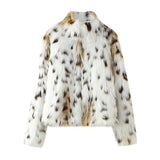 Kukombo Spring Outfits Women's Dot Leopard Faux Fur Coat Fashion Stand Collar Long Sleeve Open Stitch Plush Jacket New Lady Warm Office Outerwears