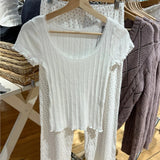 Kukombo Lace Trim Slim Sweet Women T-shirts Solid Color White Tight Short Sleeve Tee Round Neck Pit Stripe Chic Y2K Summer Tshirt