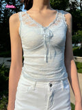 Kukombo Light Blue Lace Hollow Out Female Tank Transparent Sexy Mesh Summer Vest 2025 Solid Perpetive Y2K Tight Sleeveless Tops Women