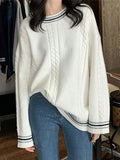 Kukombo Striped Trim Cable Knit Pullover Sweater