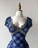Kukombo Blue splicing color lace neckline small bubble sleeve on both sides of the bow tie tie decoration sexy hip skirt slim Y2K Punk ootd