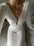 Kukombo White Knitted Backless Long Dress Women's Summer V-Neck Party Dress Elegant See-through Hollow Slim Holiday Long Dress