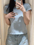 Kukombo Litter deer embroidery cute slim summer t-shirts casual chic light blue tight sweetshort sleeve tee round neck Y2K tops 2025 new