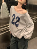 Kukombo 22 Graphic Print Sweatshirt Women 2025 Autumn Raw Hem Long Sleeve Slash Neck Pullover Cotton Vintage Streetwear Loose Hoodie Y2k