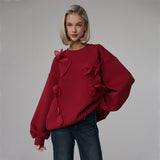 Kukombo Spring Outfits Chic 3D Flower Women Pullover O Neck Full Sleeve Female Hoodies Sweatshirts 2025 Elegant Tassel Spring All Match Loose Lady Tops