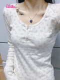 Kukombo Hollow Out Bear Long Sleeve T-Shirt Summer Round Neck Buttons Cotton Slim Sexy Top for Women Vintage Sweet Cute y2k Tops Chic