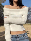 Kukombo Long Sleeve Off-Shoulder Plain Ribbed-Knit Sweater