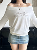 Kukombo Weekeep Casual Off-shoulder Hoodies White Long Sleeve Slash Neck Sweatshirt Y2k Letter Print Loose Women Clothing Autumn Ladies