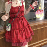 Kukombo Red Dot Spaghetti Strap Dresses Women Vintage Mini French Style Sweet Lace Fashion Age-reducing Girlish Casual Ulzzang Elegant outfit inspo