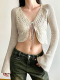 Kukombo Butterfly Pointelle Lacing Trumpet Sleeve V Neck Cardigan