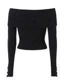Kukombo Long Sleeve Off-Shoulder Plain Ribbed-Knit Sweater