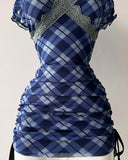 Kukombo Blue splicing color lace neckline small bubble sleeve on both sides of the bow tie tie decoration sexy hip skirt slim Y2K Punk ootd