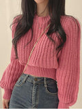 Kukombo Puff Sleeve Plain Crop Sweater