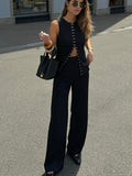 Kukombo Single Breasted Metal Button Waistcoat Trouser Suits High Neck Suit Fabric Sleeveless Vest Top With Slight Flared Hem Pant Set ootd outfit idea